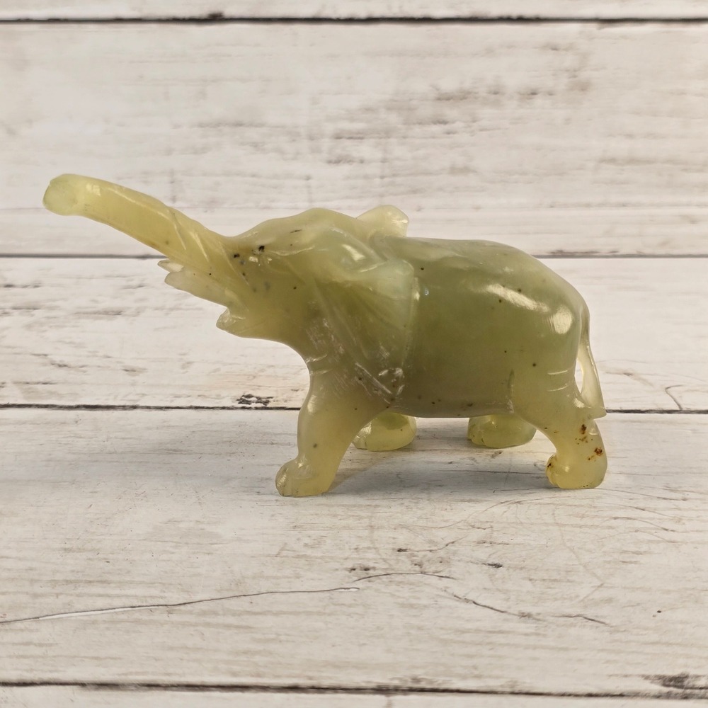 Vintage Hand Carved Green Stone Elephant Figurine Trunk Up Luck Decor 3.75in